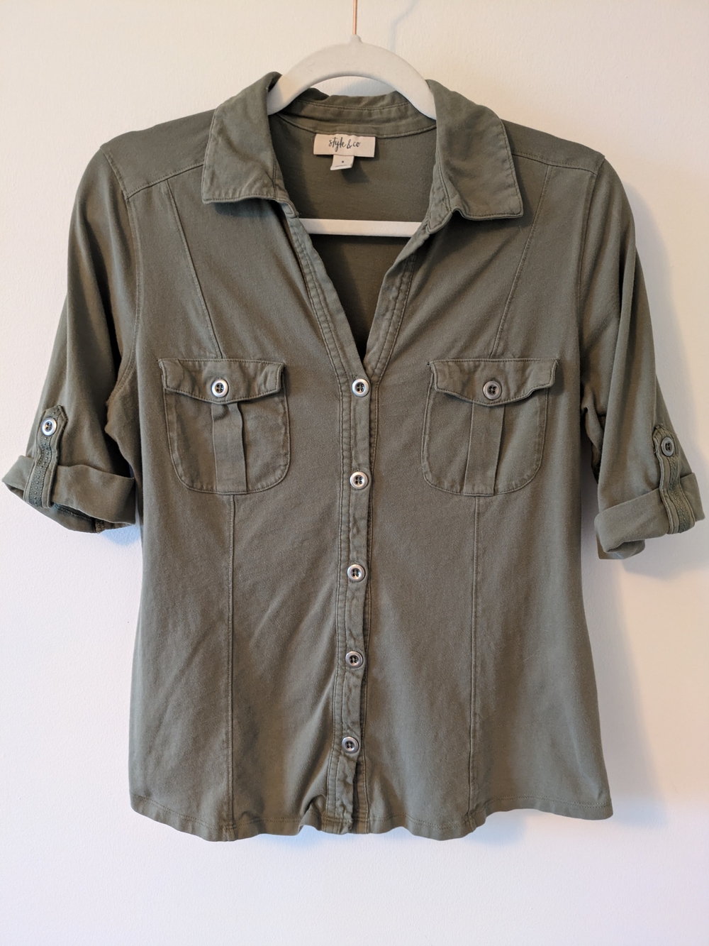 Olive Green Utility Button-Down Shirt Front Pockets Size Small
